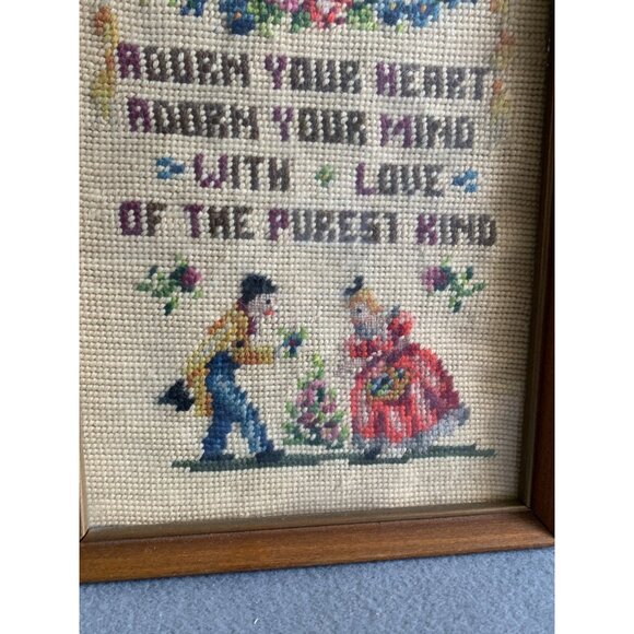 Vintage Needlepoint Art Adorn Your Heart & Mind with Love 9x11 - Picture 2 of 6